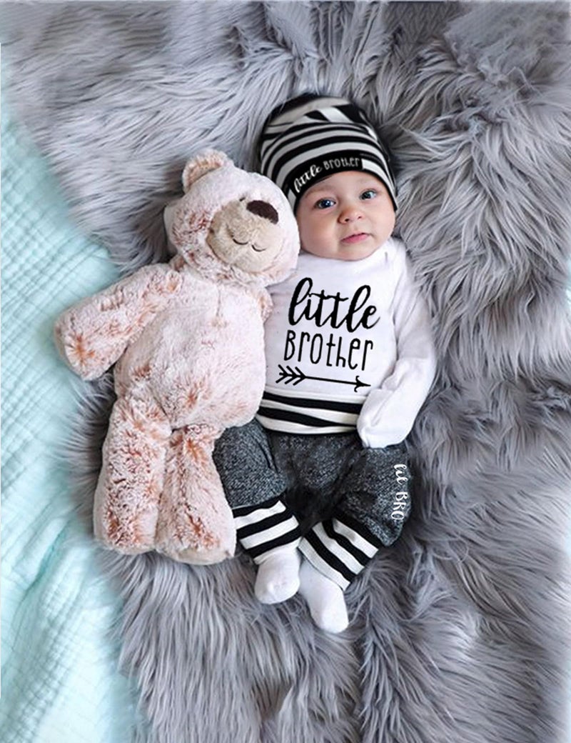 Fommy Baby Boy Clothes 0-3 Months Little Brother Newborn outfit Long Sleeve Romper+Long Pants+Stripe Hat 3PCS Baby Boy Outfits Set 0-3 Months - Image 3